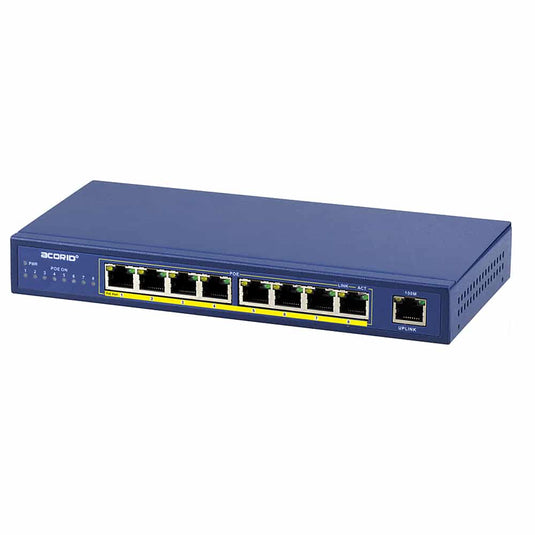 blue 8+1 ethernet switch. 8 ports offer power over ethernet switch 1 offers ethernet uplink