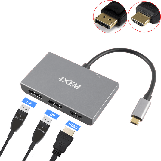 4XEM 3-Port USB-C to DisplayPort and HDMI 8K Dual 4K Multi-Monitor Hub