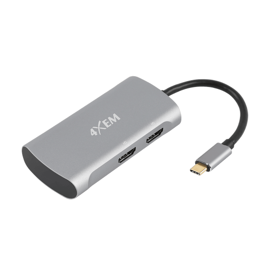 Silver USB-C hub with a 4XEM logo printed on top ad 2x HDMI ports