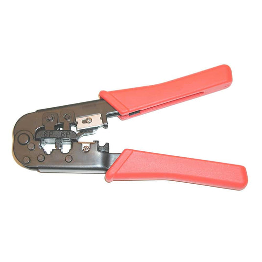 Ethernet cable crimping tool for adjusting size and network capabilities . Gray metal with orange plastic gips for handling.