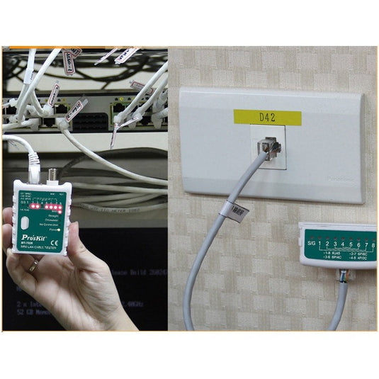 tester in use texting both LAN cables and the ethernet ports of a networking environment