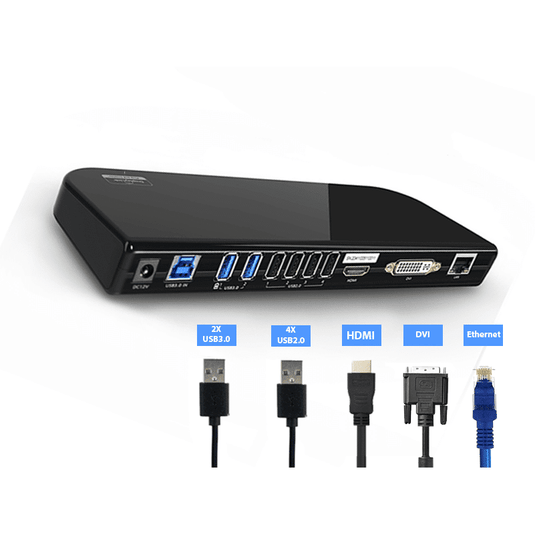 Black universal docking station with 5 examples of the compatible cables that can utilize this station. USB type-A, HDMI, DVI, and rj-45 ethernet cables can be used by this docking station