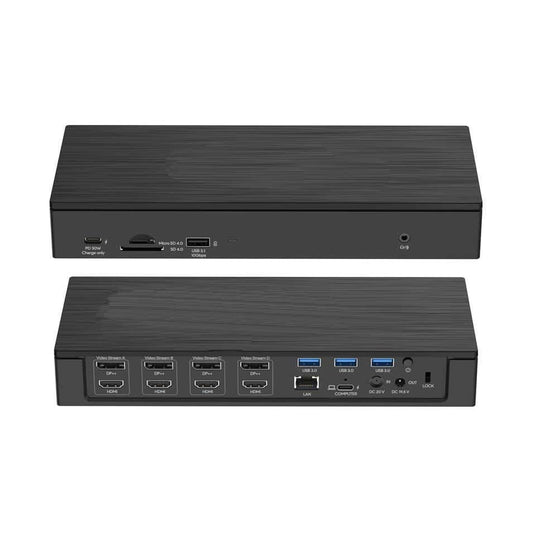 The 4XEM Quad video docking station. Showing both sides of the station and all of the ports including 4 displayport and 4 hdmi video ports. In addition the image shows the station's USB, ethernet, audio ports and SD card slots.