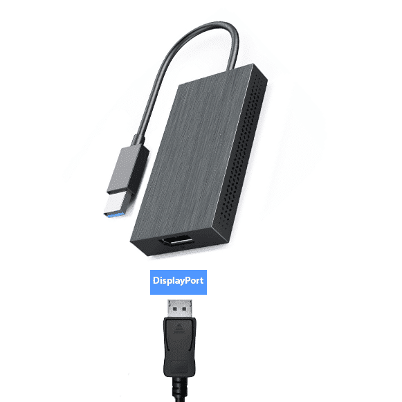 Load image into Gallery viewer, Image of the USB-A to Displayport video adapter showcasing how a DP cable would attach to the display adapter
