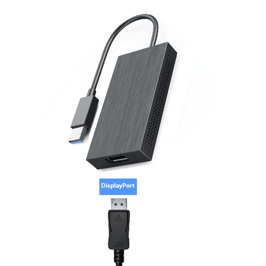 Image of the USB-A to Displayport video adapter showcasing how a DP cable would attach to the display adapter