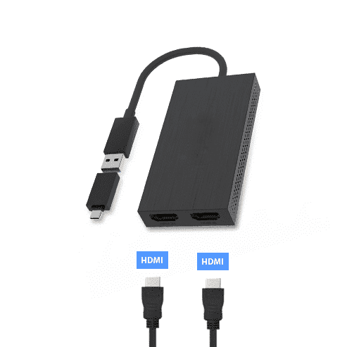 An image showcasing how two HDMI cables will fit into the USB display adapter