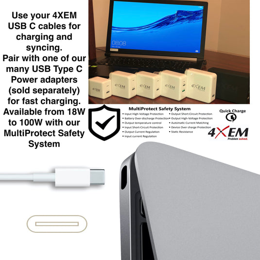 4XEM 10FT/3M USB-C TO USB-C CABLE M/M USB 3.1 GEN 2 10GBPS White