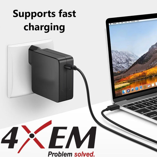 USB-C cable connected to wall adapter and laptop. Image Text: Cable supports fast charging