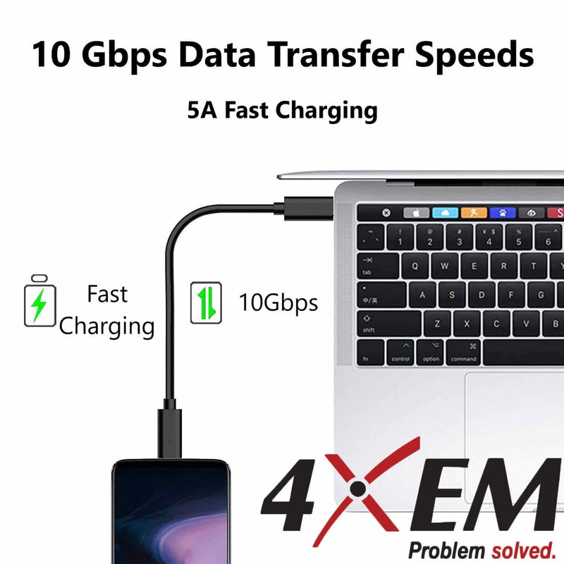 Load image into Gallery viewer, USB-C cable connected to a mobile phone and laptop. Image Text: 10Gbps Data Transfer speeds and 5amps Fast charging
