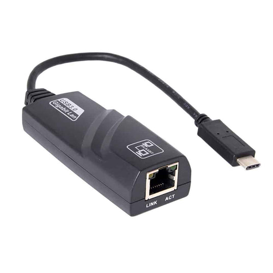alternate angled image of the usb-c to rj-45 ethernet adapter. USB 3.0 logo showcased on the adapter