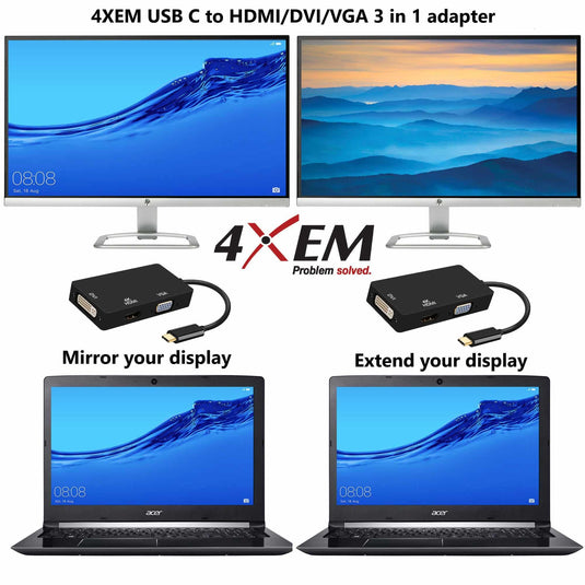 4XEM 3 in 1 USB C to HDMI, DVI and VGA Adapter.