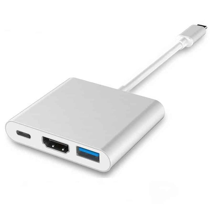 An image of the white USB-C hub with a USB-C connector and USB-C, HDMI and USB-A ports