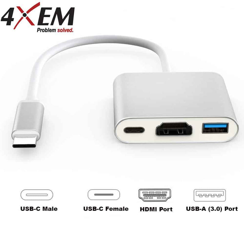 Load image into Gallery viewer, Image showcases USB-C logos both USB-C male and USB-C female. HDMI port logo and USB-A (3.0) port. Along with an alternate angled image of the white USB-C hub
