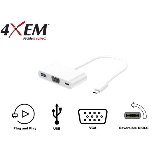 Image shows the logos for plug and play connectivity, USB functionality, VGA, and reversible USB-C