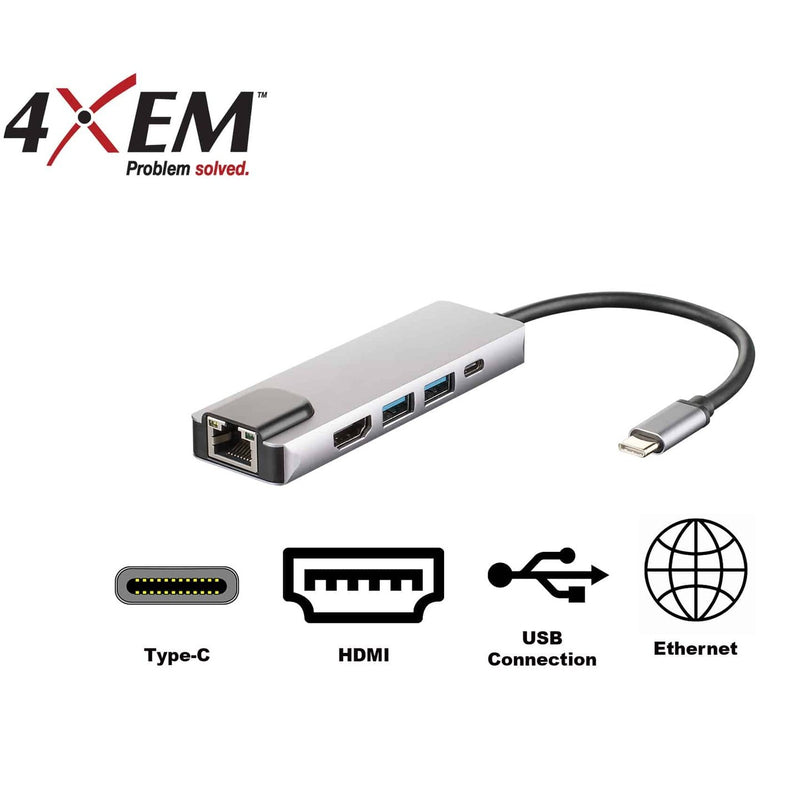 Load image into Gallery viewer, Image showcasing the logos of the functions this hub offers. USB Type-C, HDMI, USB connection and Ethernet connection
