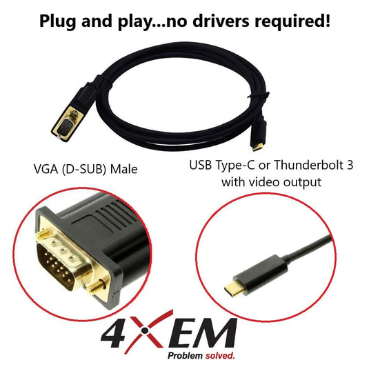 4XEM USB-C to VGA 6ft cable-Black