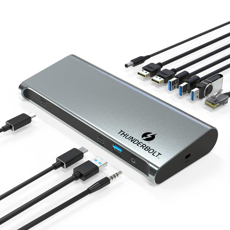 Load image into Gallery viewer, Image highlighting the various cables that are compatible with the docking station. USB-A, ethernet, audio, USB-C and HDMI are all able to connect to this docking station
