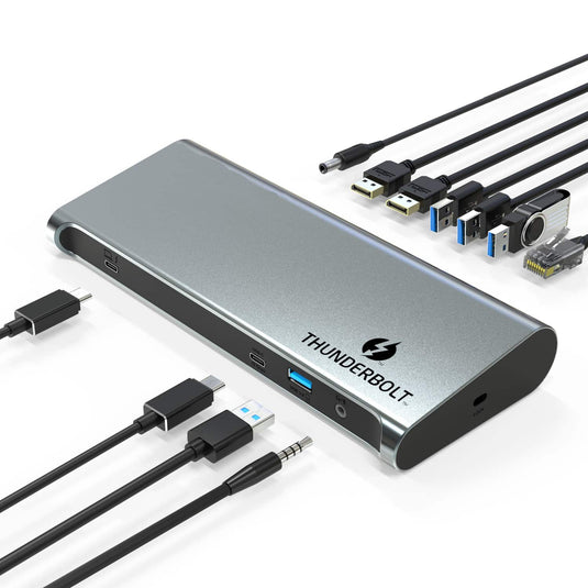 Image highlighting the various cables that are compatible with the docking station. USB-A, ethernet, audio, USB-C and HDMI are all able to connect to this docking station