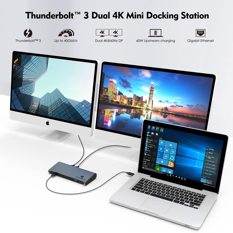 Load image into Gallery viewer, Image of the docking station connected to both a laptop and two monitors. Image: Thie docking station is Thunderbolt 3 and dual 4K . Supports up to 40Gbps and 60W upstream charging.
