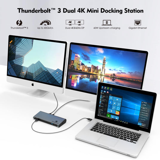 Image of the docking station connected to both a laptop and two monitors. Image: Thie docking station is Thunderbolt 3 and dual 4K . Supports up to 40Gbps and 60W upstream charging.