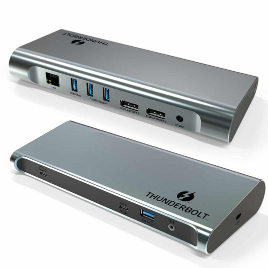 Silver Thunderbolt docking station. Image show both sides of the station that offers USB ports both USB-A and Type C as well as Ethernet ports and DisplayPort ports