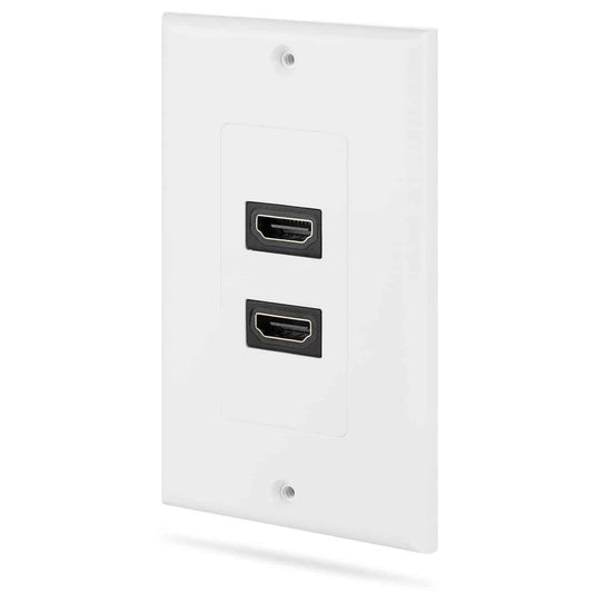 2 port hdmi white wall plate against a white background