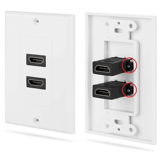 image of the front and back of hdmi wall plate highlighting where the screws will go to attach the hdmi ports to the wall plate on the backend of the wall plate