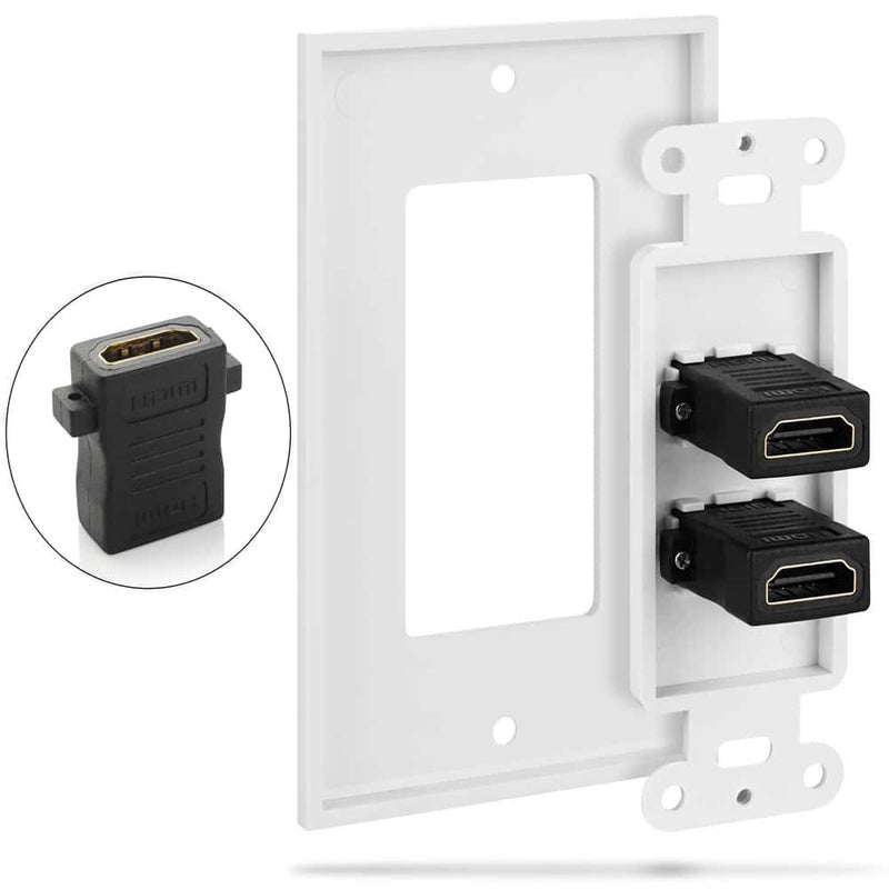 Load image into Gallery viewer, backside of 2 port hdmi wall plate showcasing how installation will look like in wall
