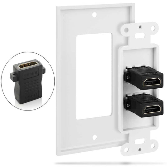 backside of 2 port hdmi wall plate showcasing how installation will look like in wall