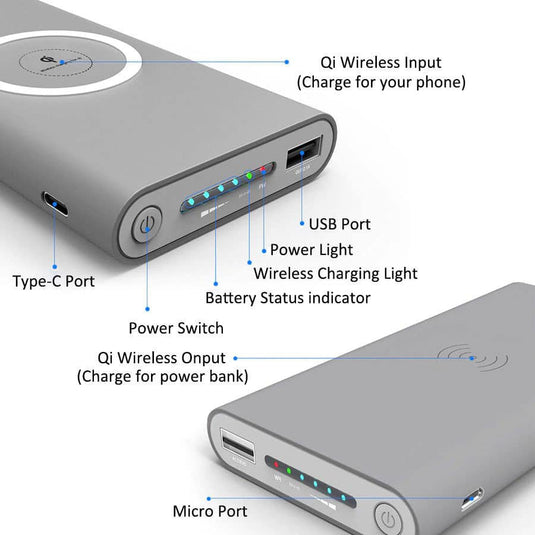 4XEM Fast Wireless Charging Power Banks with a 10000mAh Capacity Gray