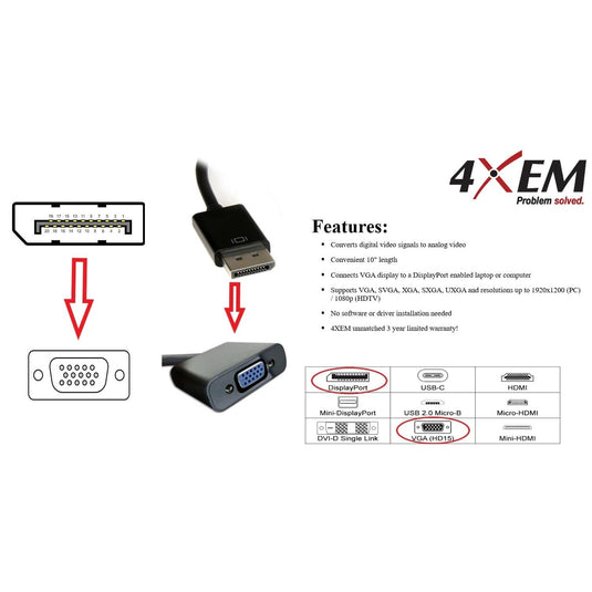 4XEM DisplayPort to VGA 10" Adapter