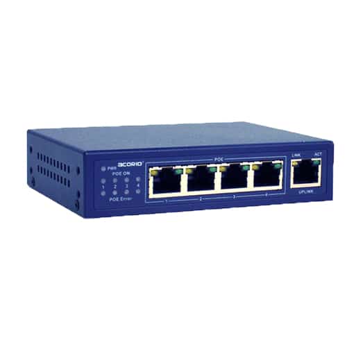 blue 4+1 port ethernet switch. 4 ports offer power over ethernet, 1 port is for etherent uplink connection