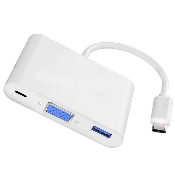 Angled image of the whitre USB-C adapter hub with USB-C, VGA and USB-A ports
