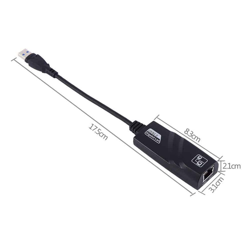 Load image into Gallery viewer, Image of the USB-C ethernet adapter showcasing its size dimensions. 17.5cm in length including cable, width is 3.1cm and 2.1cm in height
