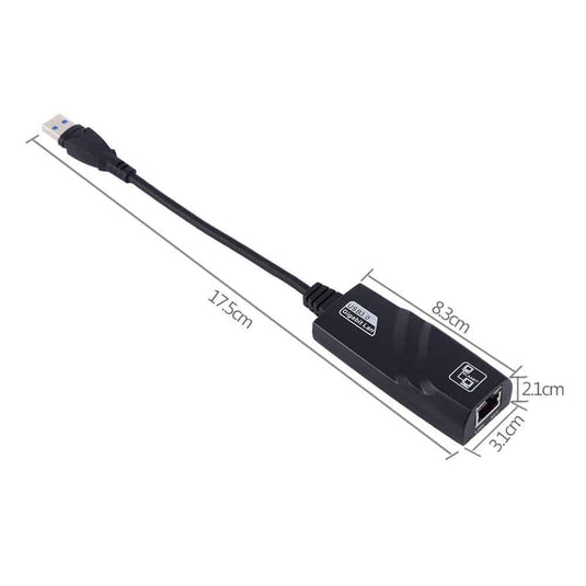 Image of the USB-C ethernet adapter showcasing its size dimensions. 17.5cm in length including cable, width is 3.1cm and 2.1cm in height