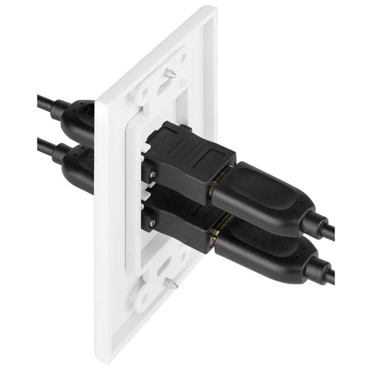 Image of the wall plate in function showcasing how hdmi cbales will look when attached to both the front of the wall plate and the back 