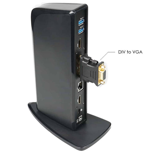 Image of the docking station showcasing that DIV to VGA adapter that is included. The image shows how the adapter would look attached to the docking station