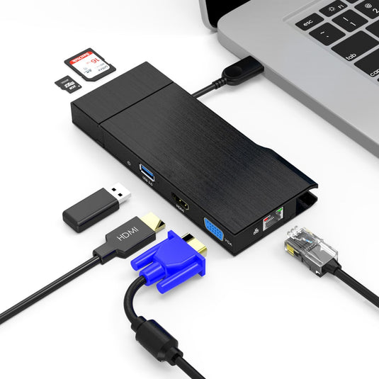 Image of the docking station connected to a laptop and with the compatible cables able to be used by this docking station. Ethernet, SD cards, HDMI, USB and VGA