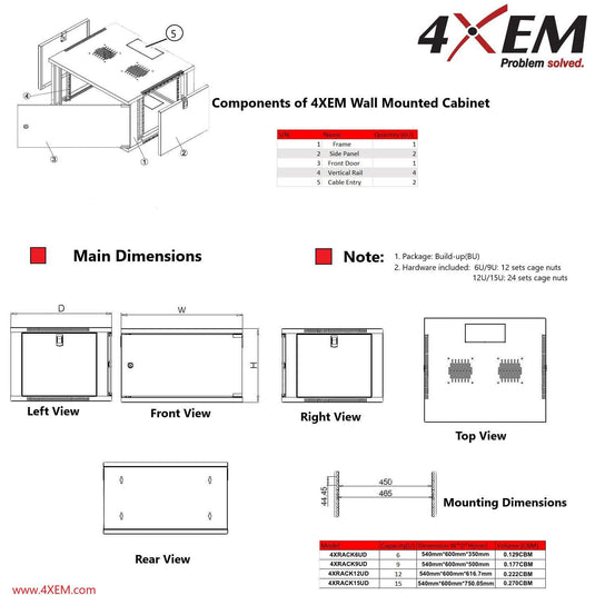 4XEM 9U 24” Deep Wall Mount Server Rack