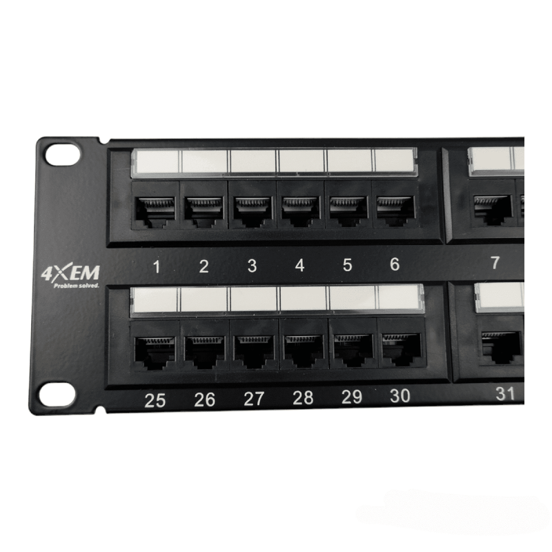 Load image into Gallery viewer, close up of one half of 48 port patch panel. showing ports 1-6 and ports 25-30. 4XEM logo shown on panel
