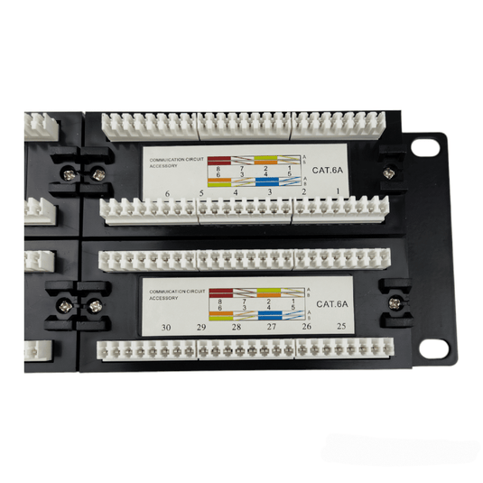 close up of backside of 48 port panel showcasing diagram for cat6a connection