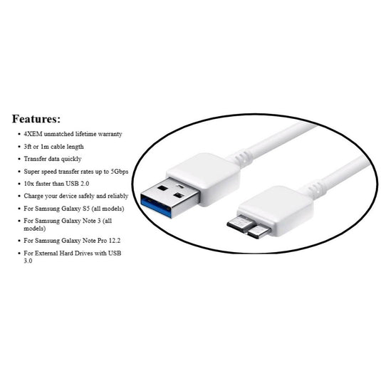 4XEM USB 3.0 Superspeed A to Micro B USB for Samsung Galaxy S5