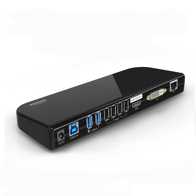 Black universal docking station with 6 total usb ports both USB 3.0 and USB 2.0. In addition to the usb ports there are also HDMI, DVI and ethernet ports