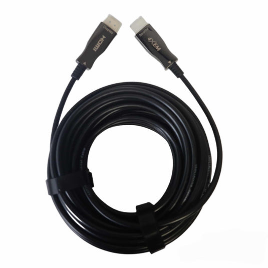 fiber hdmi cable rolled up onto its self against a white background