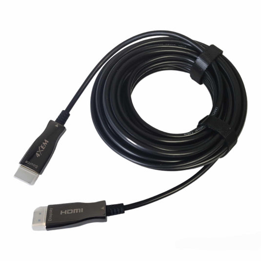 Fiber hdmi male to male cable rolled up with protectors covering the gold plated connectors against a white background
